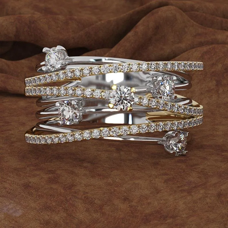 New flash diamond micro-inlaid zircon silver ring, creative women's cross-color separation ring