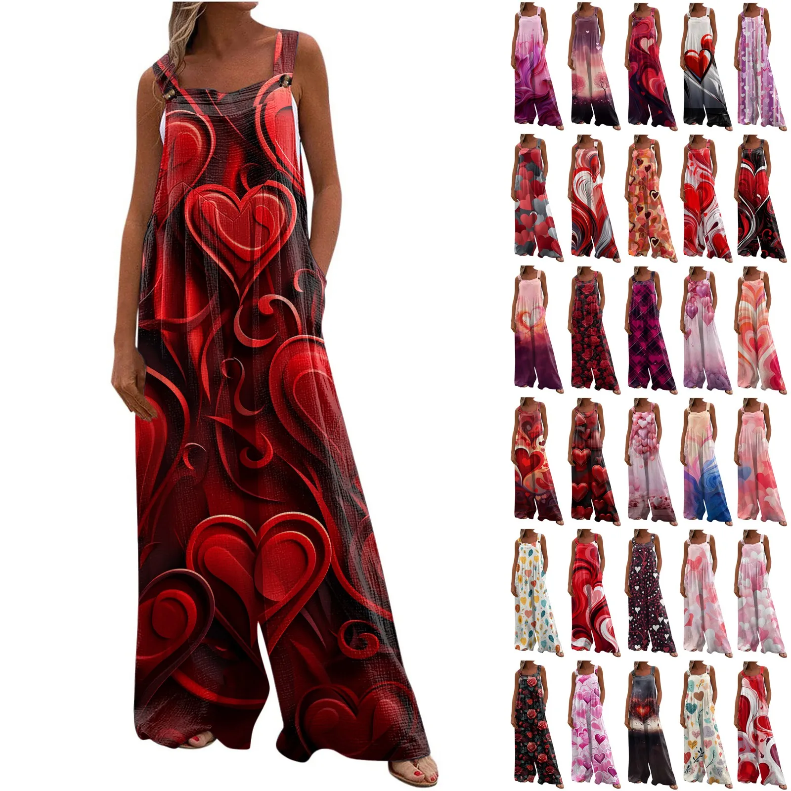 Wide Leg Overalls For Women Casual Loose Sleeveless Jumpsuits Valentine's Day Print Button Long Pant Romper Pockets Jumpsuit