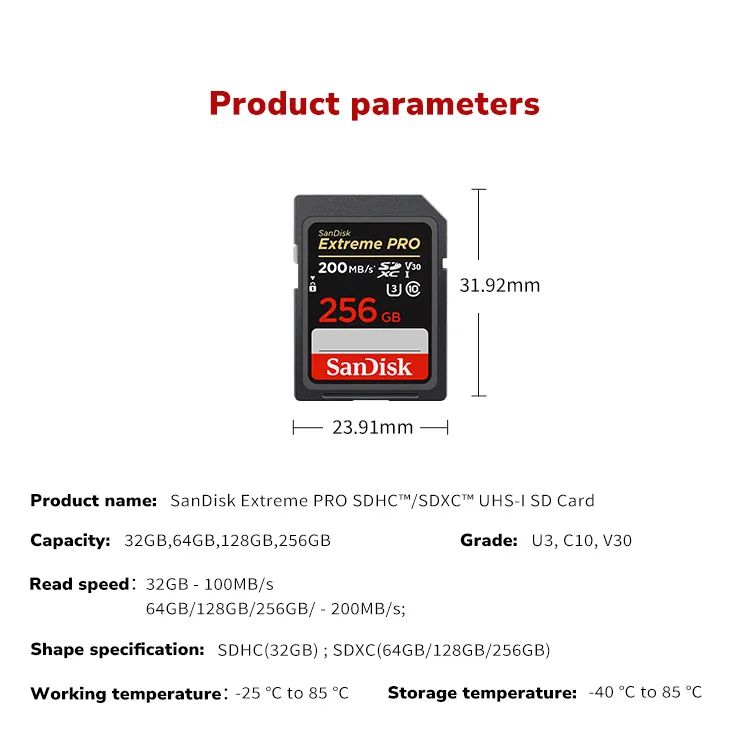 100 % Original Sandisk SD-Karte Extreme Pro Speicherkarte 32 GB 64 GB 128 GB 256 GB V30 High Speed Class 10 U3 SD-Karte für Kamera – Detail 7