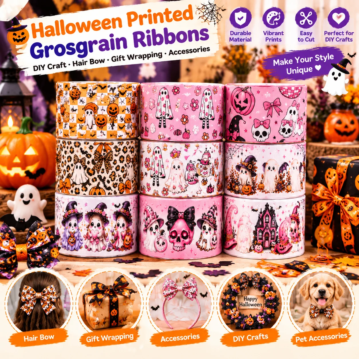 Halloween Grosgrain Ribbon Satin Ribbon for Scrapbooking Supplies Wrapping Hair Bow DIY Decoration Gift Packing Cheer Bows Girl