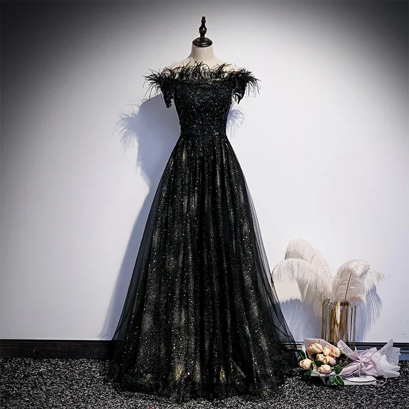 

Customized Evening Dress Black Beads Feathers Off the Shoulder Lace Up A-Line Floor-Length Plus size WOmen Party Formal Gowns