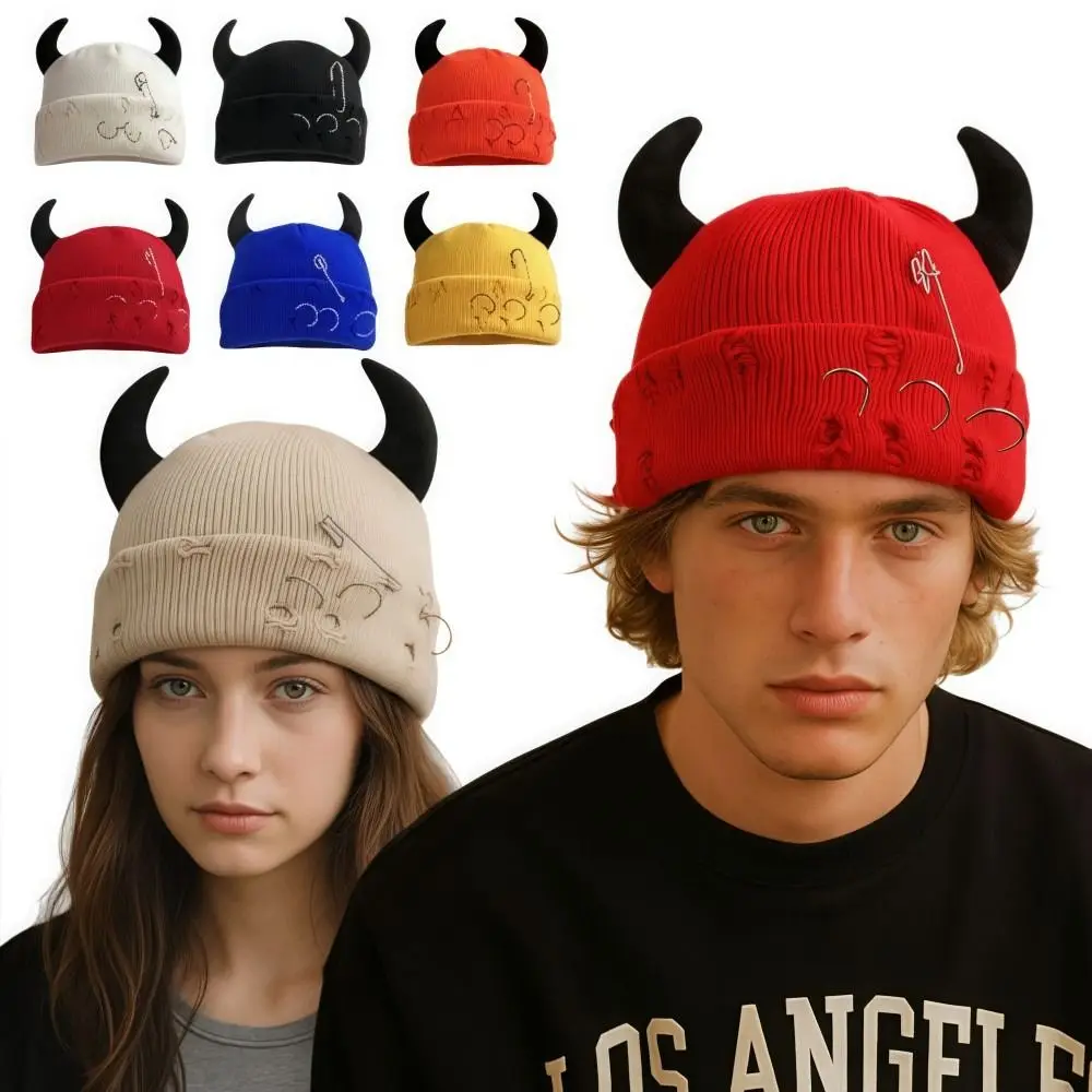 Personality With Devil Horns Winter Knitted Beanie Pin Decoration Warm Hip Hop Cap Funny Elastic Dome Hat Men Women
