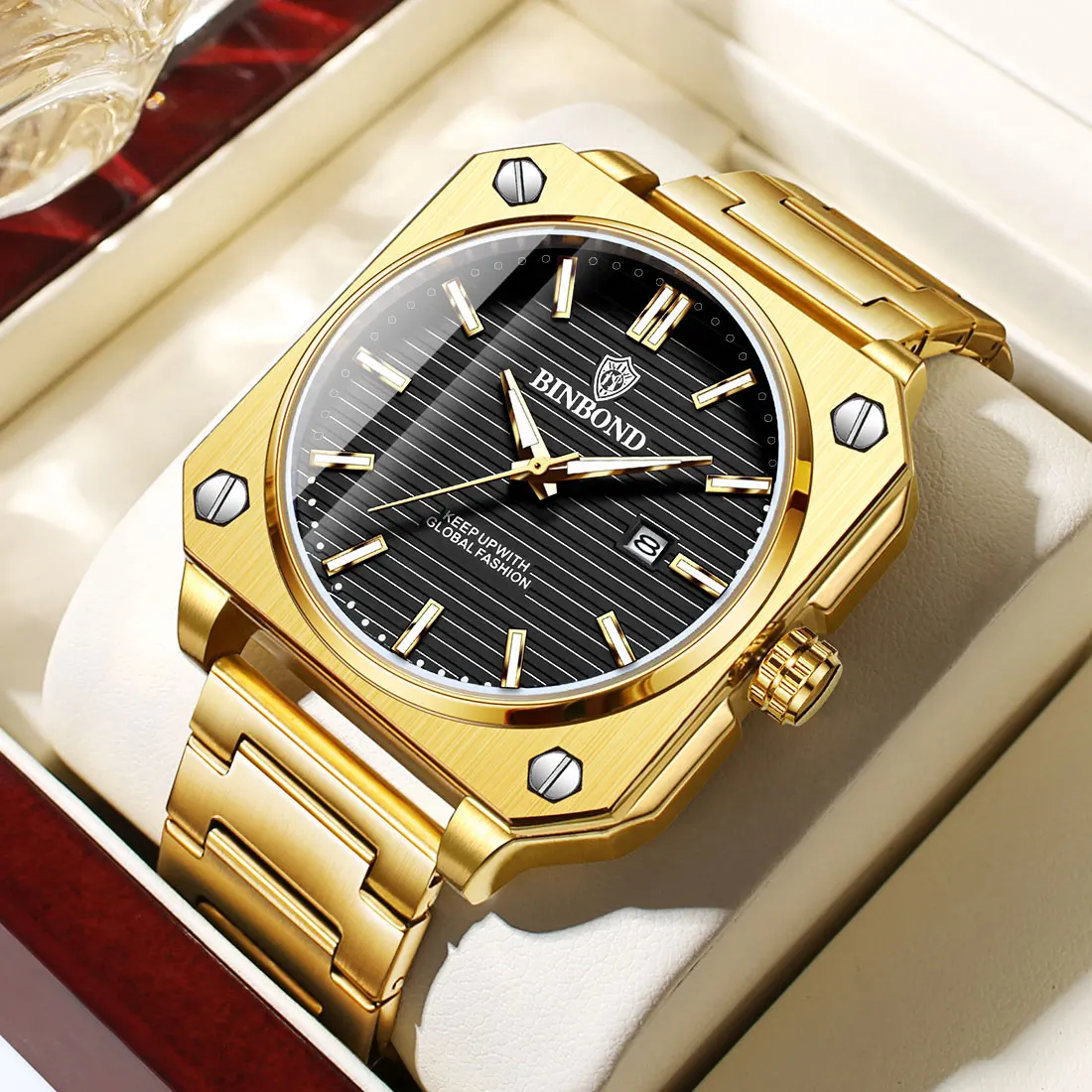 BINBOND 570 مربع ثلاثي الأبعاد موضة ساعة كوارتز رجالية مقاوم للماء مضيئة التقويم رجال الأعمال ساعة كوارتز 2025