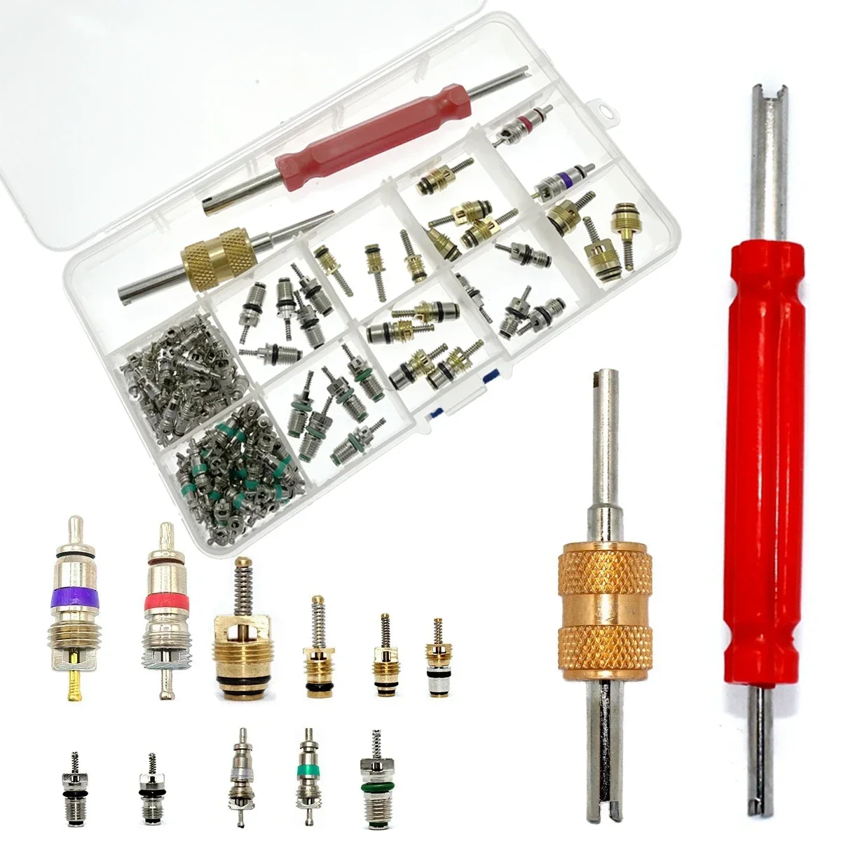 Car Air Conditioner Valve Cores Assortment A/C AC Shrader Valve Core & Tool R134 R12 HVAC Valves Kit Auto Accessories