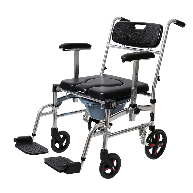 Inodoro móvil de aluminio médico para el cuidado del hogar, silla de ruedas con asiento de inodoro para personas mayores y discapacitadas