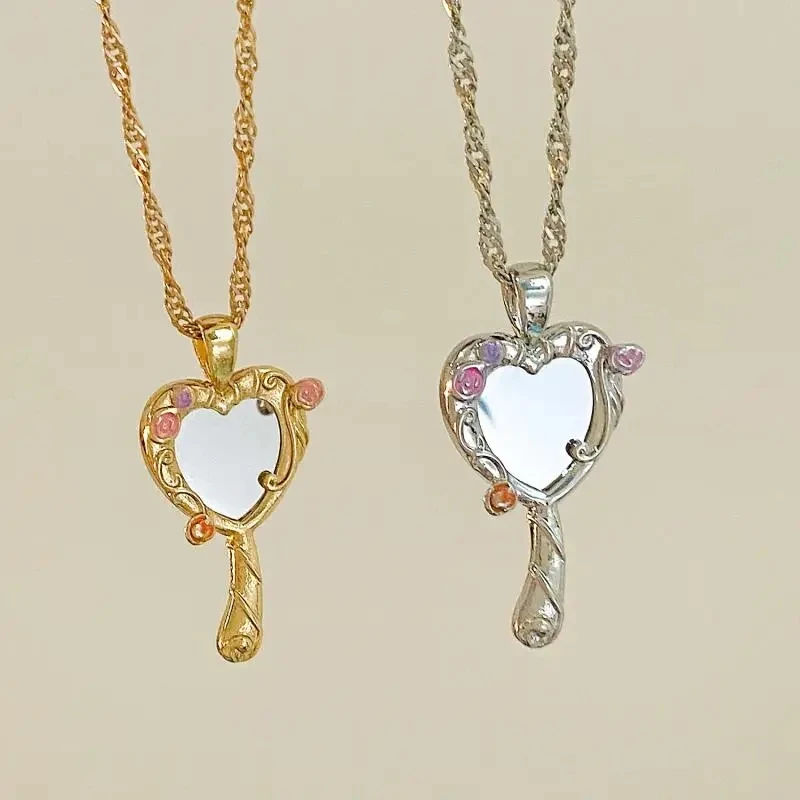 Ins Hot Y2K Barbie Heart Necklace for Women Girls Cute Mirror Photo Frame Locket Necklaces Collar Jewelry Couple Gift