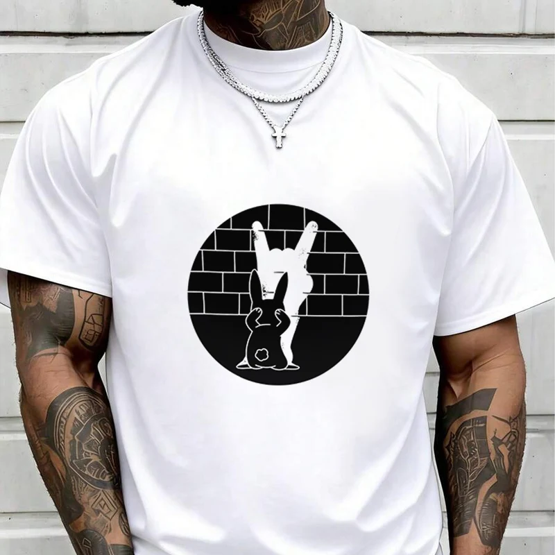 Rock Bunny Fun Print Creative Print T Shirt Summer Short-sleeved Casual Tee Men Women Streetwear Loose T-shirt