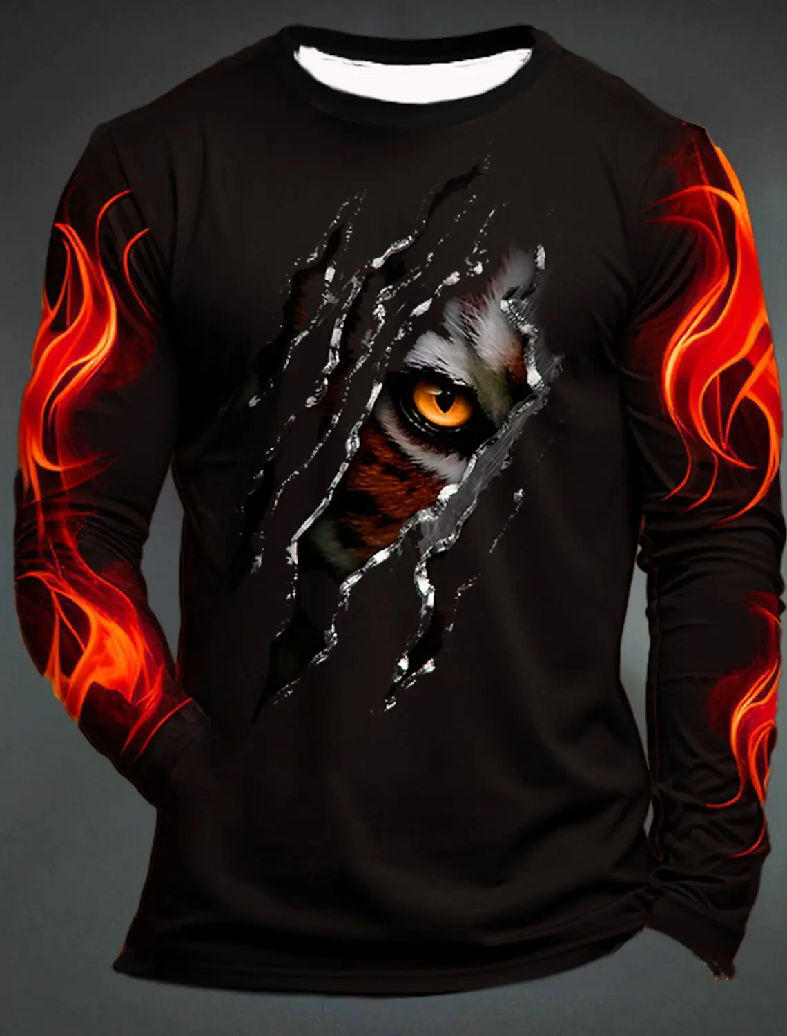 3D Printed Flame Scratch Pattern 3D Printed Autumn Men\'s Crew Neck T-Shirt Casual Long Sleeve Oversized Pullover Fashion Tops