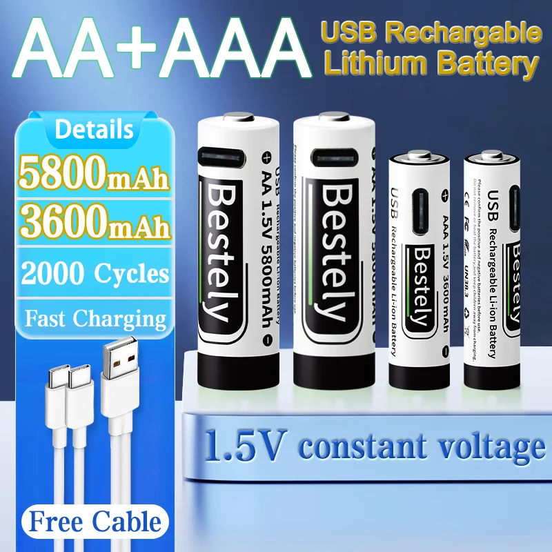 Bestely 1,5 В литиевая батарея USB-C перезаряжаемая батарея AA 5800 МВтч AAA 3600 МВтч 2000 циклов быстрая зарядка с кабелем