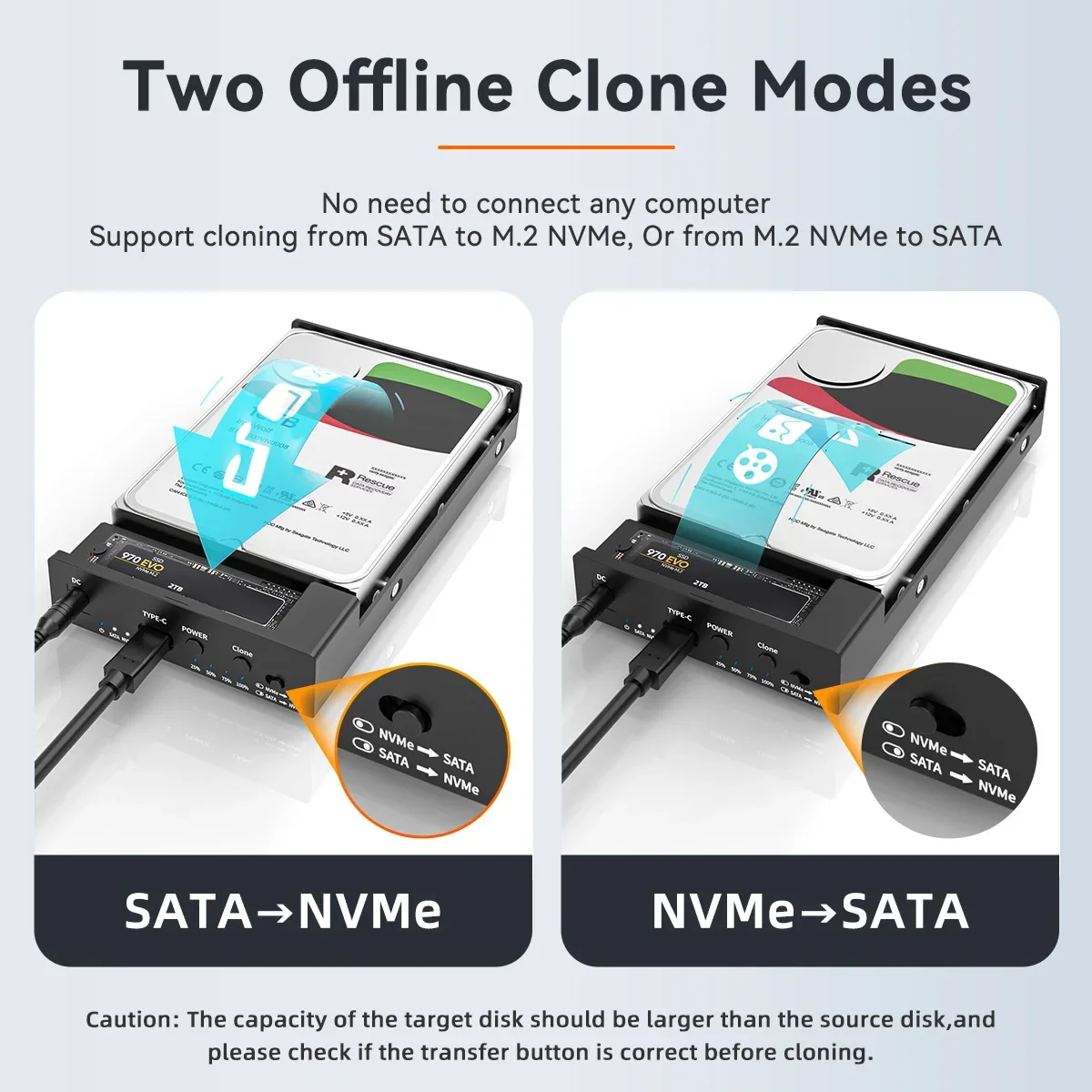 Imagem -04 - Nvme Gabinete Clone Offline 2.5 3.5 Sata Ssd Hdd Nvme Cloner Dock com Uasp Max 10gbps 22tb Expansão de Capacidade Maiwo-m.2