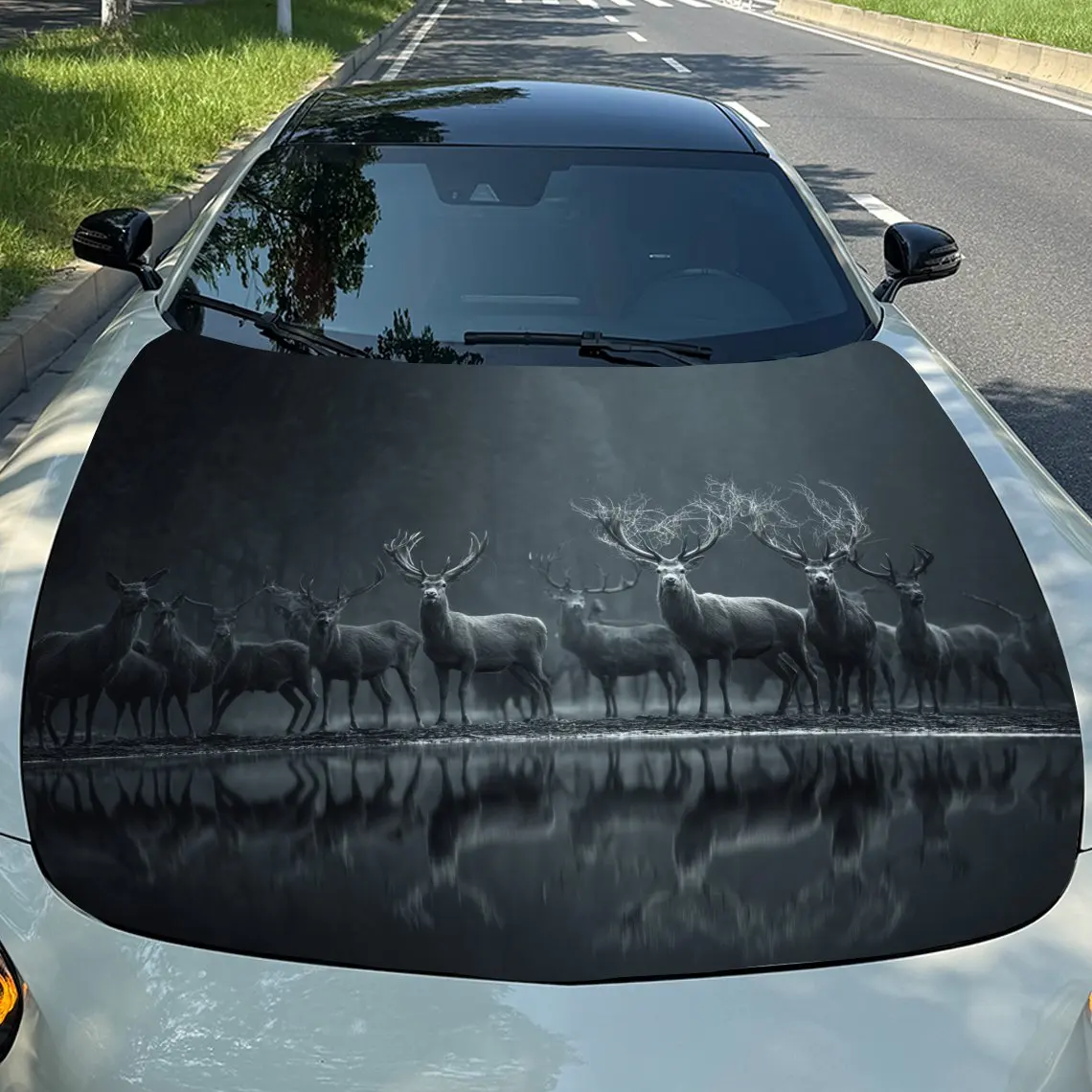 

Hazy Deer Shadow Car Vinyl Wrap, PVC Waterproof Car Hood Sticker, Self-Adhesive Scratch-Resistant Stickers for Engine Cover, Car