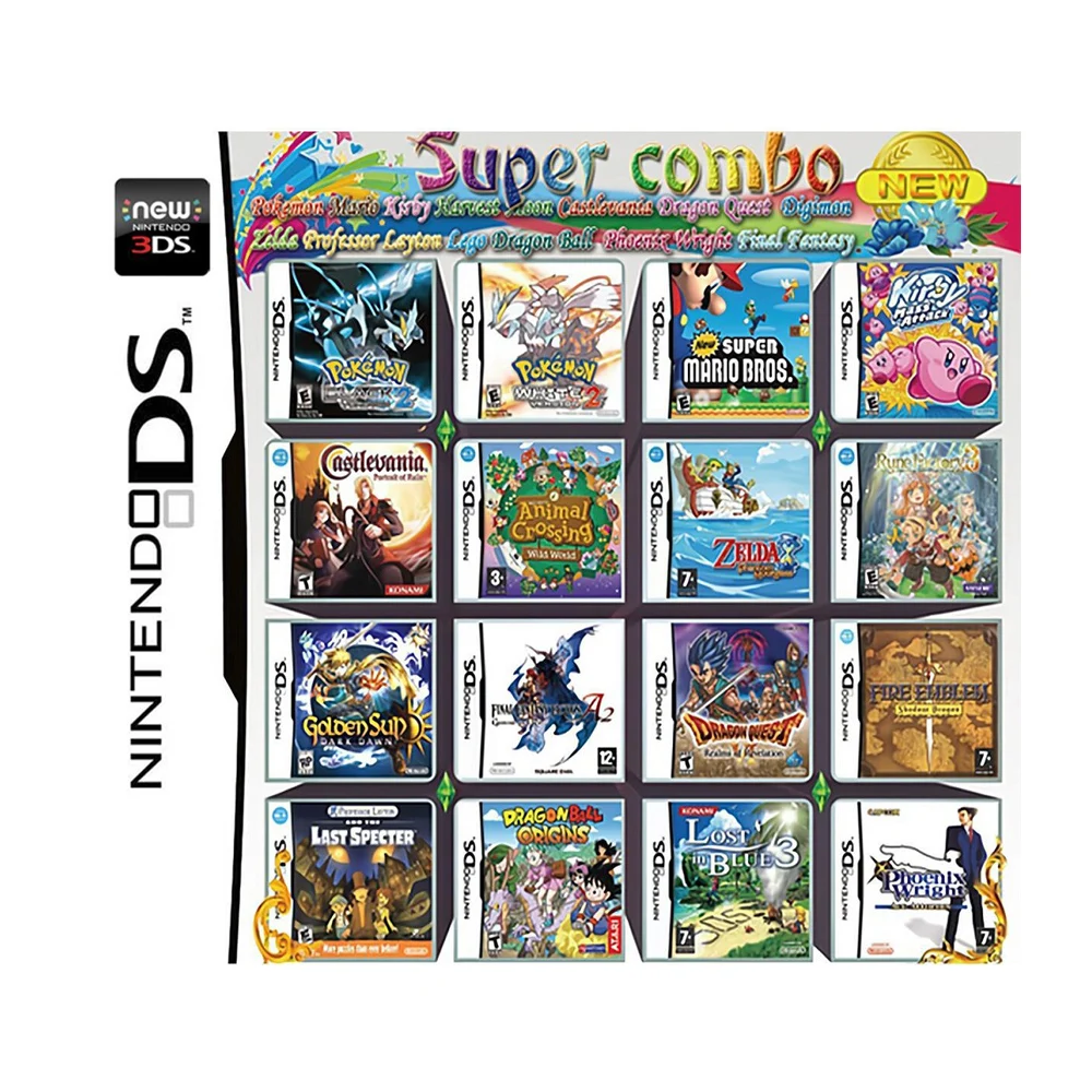 Super Combo Pokemon Mario Album 208 in 1 Videospiel-Cartridge-Karte für DS 3DS NDSI NDSLL NDSXL 3DS XL Videospielkonsole