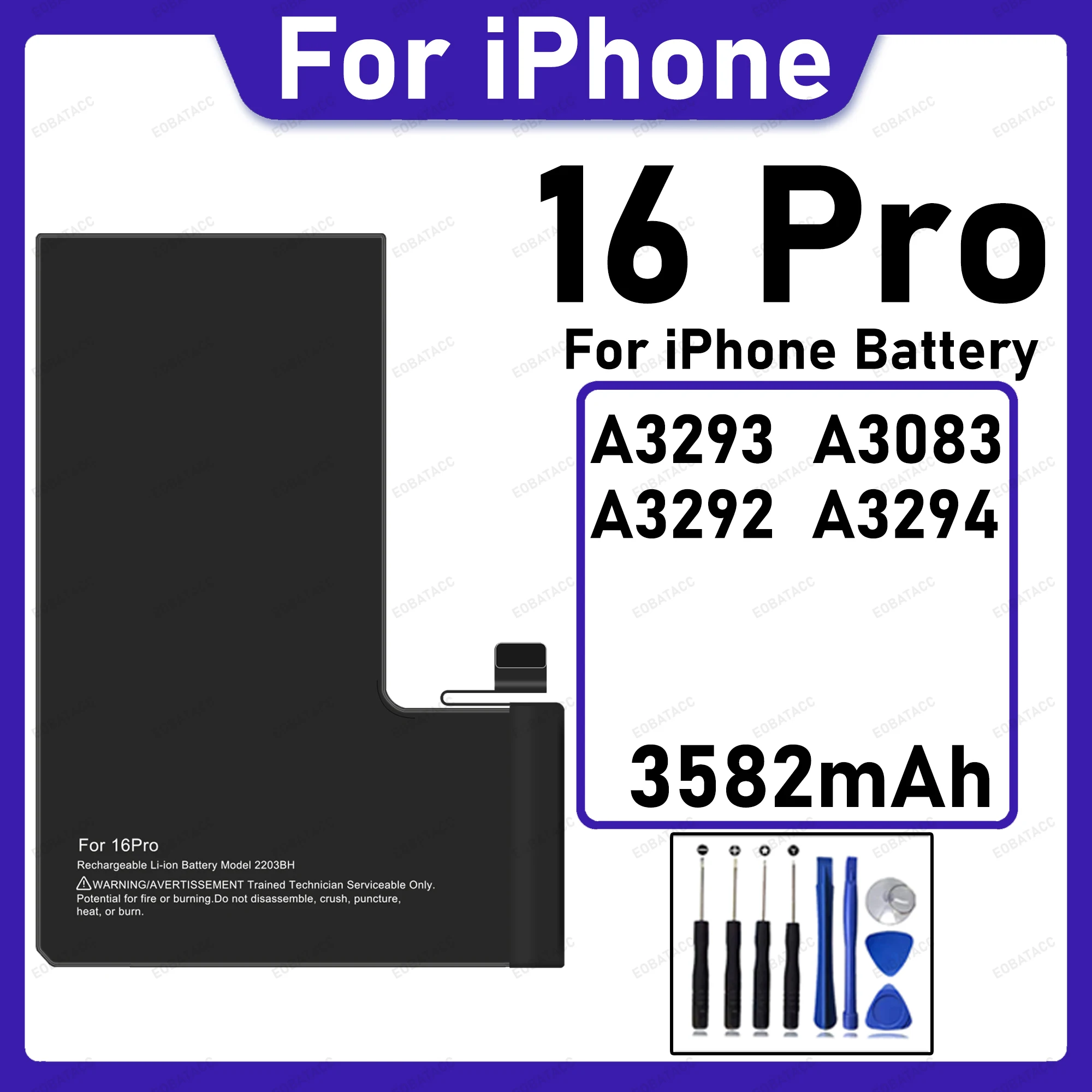 3582mAh Large Capacity Replacement Battery For iPhone 16 Pro A3293 A3083 A3292 A3294 Safe Long Standby Phone Repair Parts +Tools