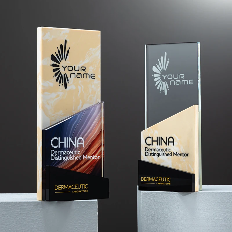 Lvshen Personalized Customer Text and Logo Marble And Glass Trophy Company Anniversary Awards CeremonyFree Engraving