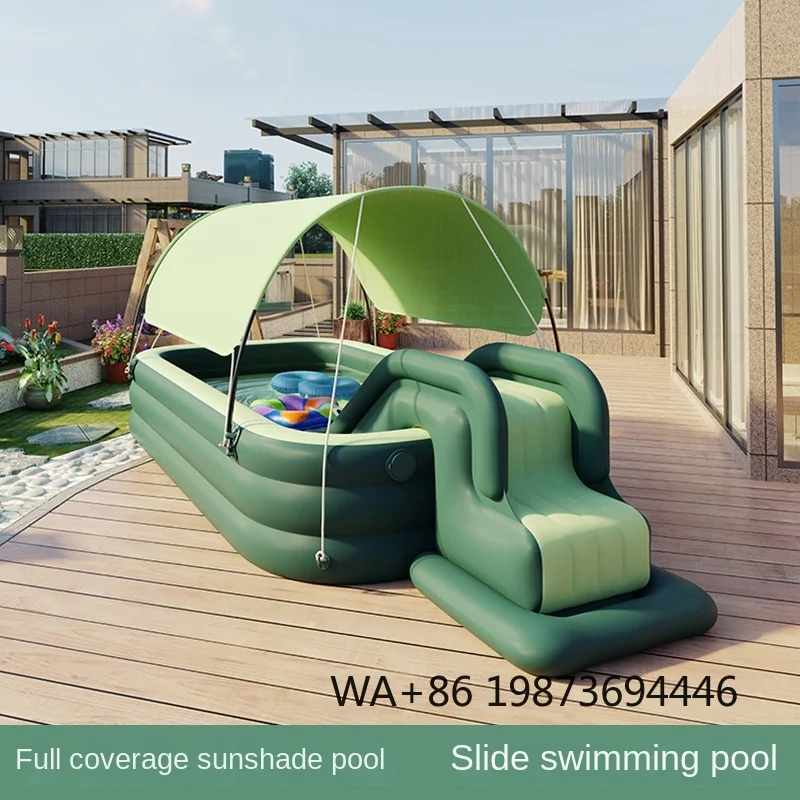 Thickened PVC Foldable Kids Pool, Automatic Inflatable Rectangle Pool with Sunshade & Slide