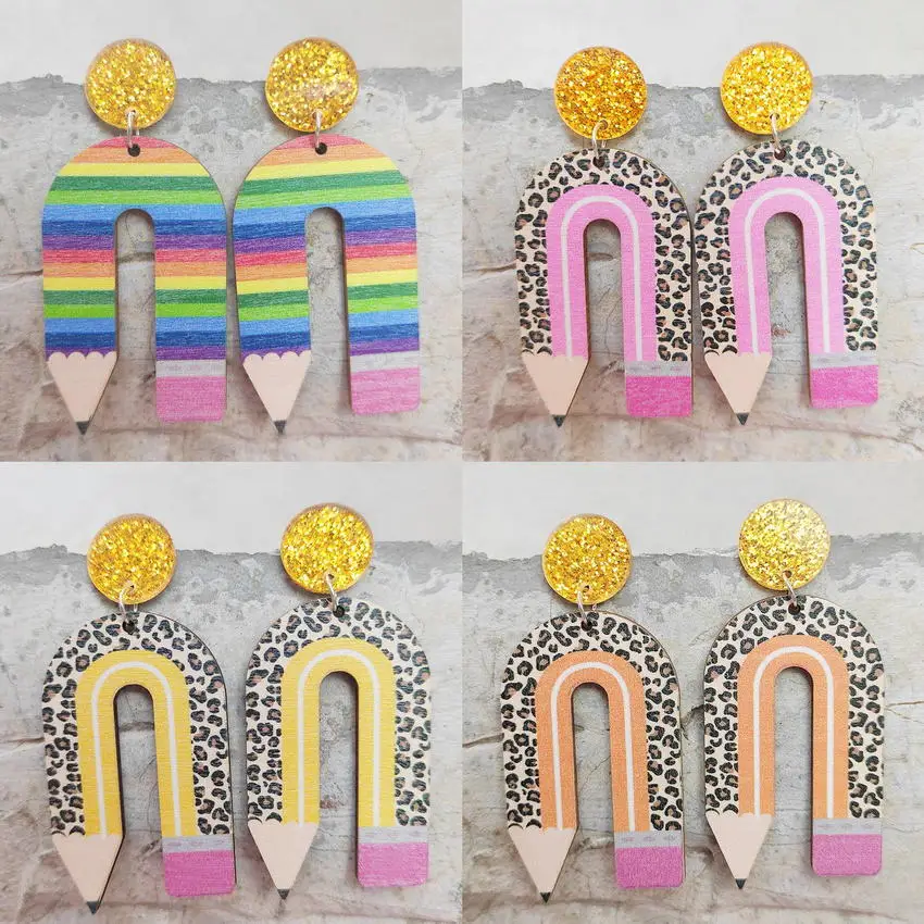 Rainbow Stripe Leopard Wooden Pencil Arch Earrings for Women Fashion New Wood Teacher Earrings Back to School Earrings Gifts