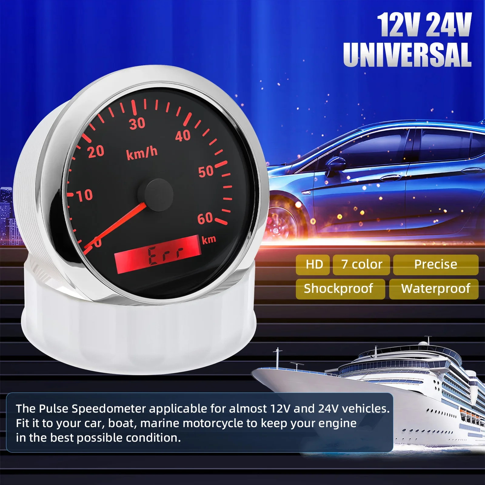 85mm Pulse Signal Speedometer Digital Odometer Gauge 7 Colors Backlight 30/60/120/200km Speed Meter for 12V 24V Car Boat Marine