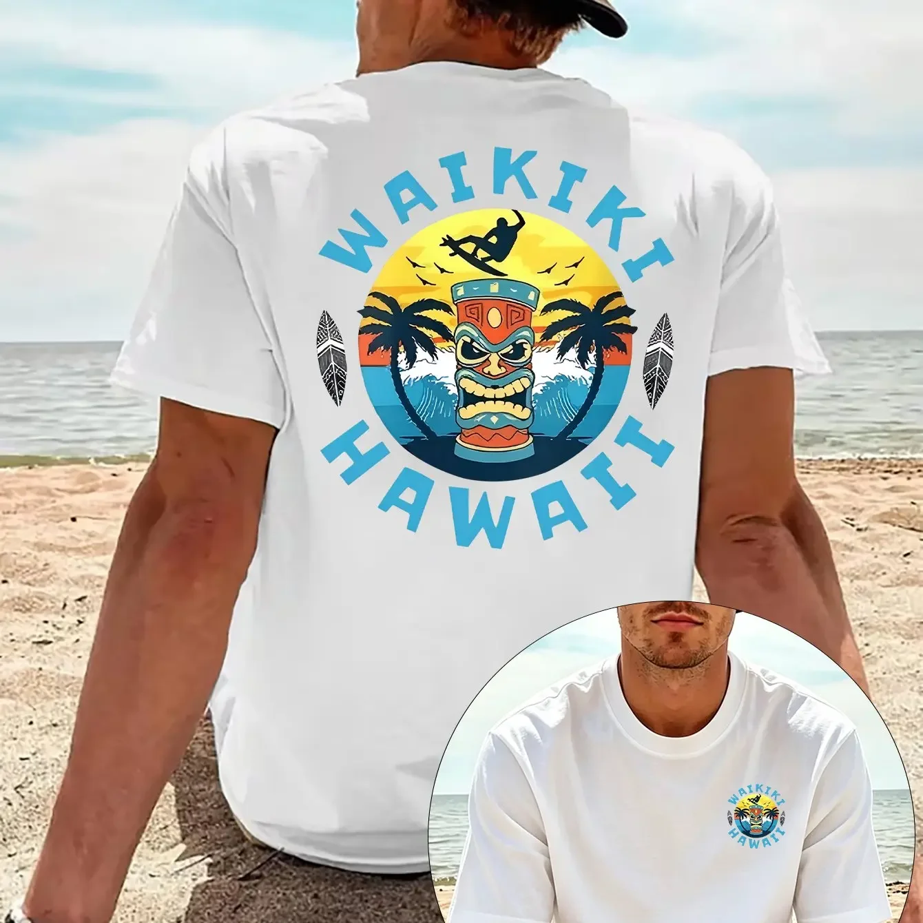 Men Hawaiian Beach T Shirt 100% Cotton Waikiki Surf Style Tiki Graphic Print Vintage Tropical Vacation Casual Summer Tee