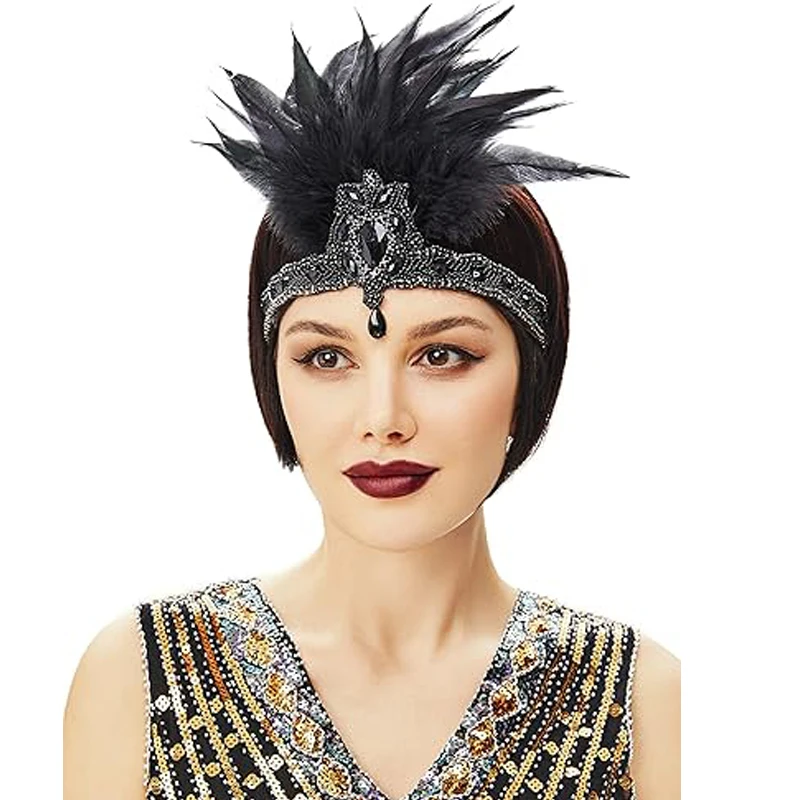 

1920s Headpiece Flapper Headband - Roaring 20s Crystal Showgirl Hair Band Gatsby Headband with Feather