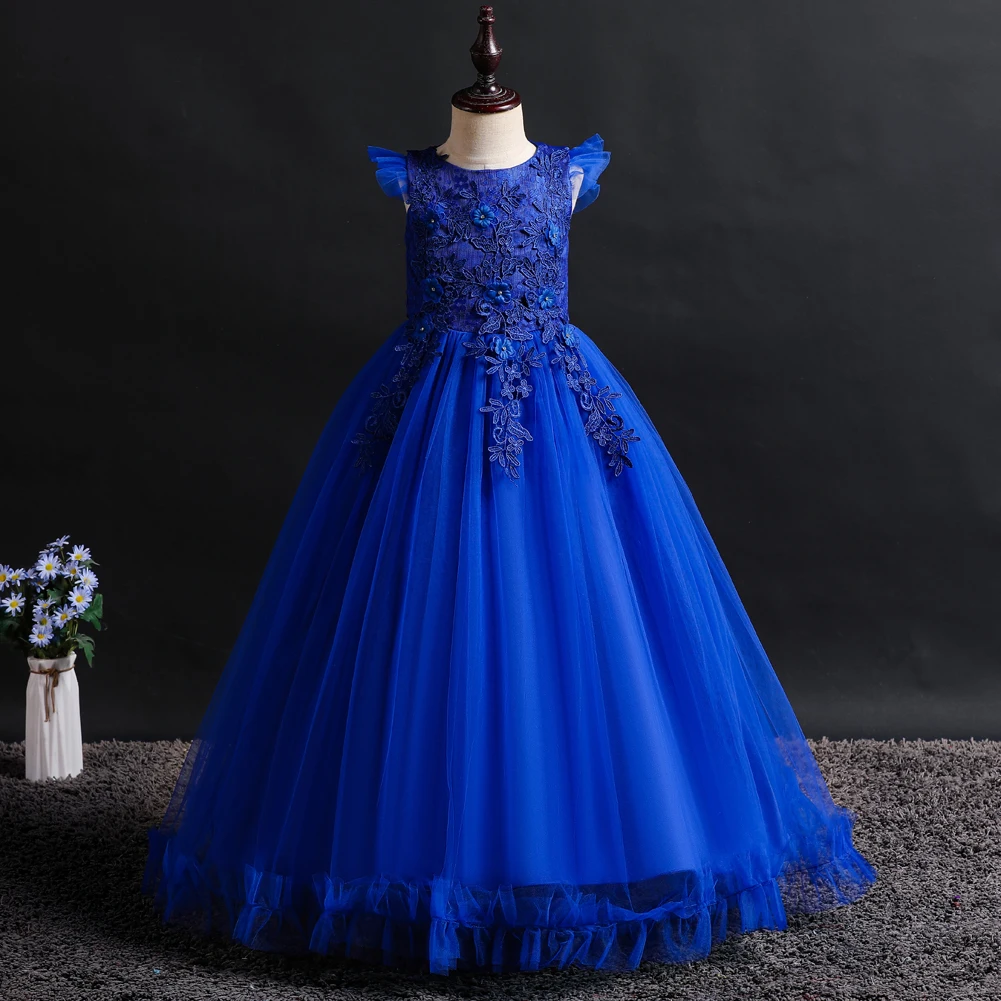 Blue New Girl Flower Elegant Long Dress FOR 4 to 14 years Children\'s Ball Embroidered Princess Dress