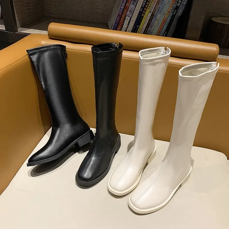 Riding Boots Women Shoes Real Leather Mid Heel Knee-High Boots Square Toe Block Heels Zip Long Boots Autumn Winter 40