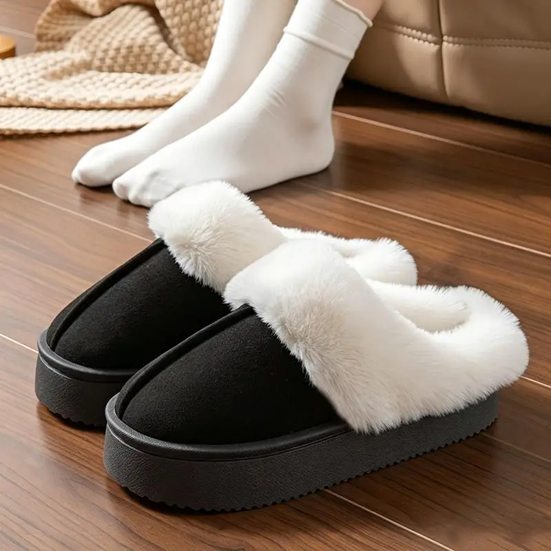 Flauschige Pelz-Mules mit dicker Sohle für Damen, Winter 2026, warme kurze Plüsch-Outdoor-Hausschuhe, Marken-Wildleder-Baumwollschuhe für Damen – Detail 10