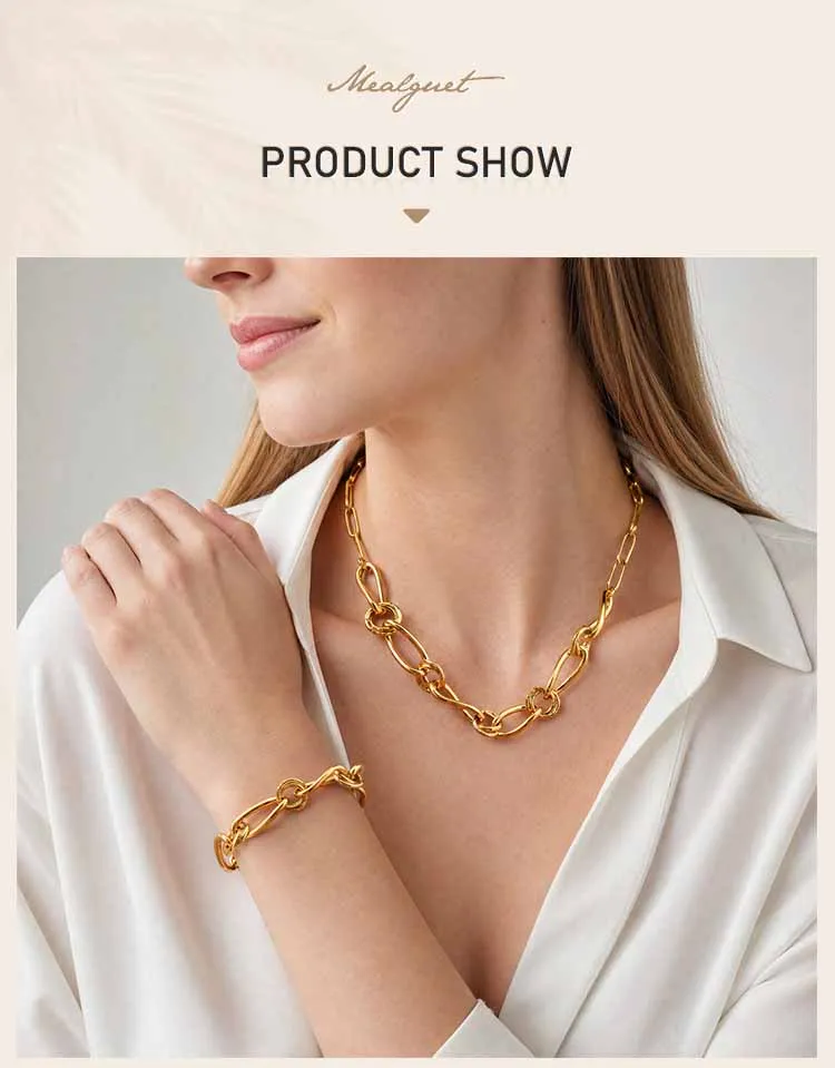 18K Vergoldetes Chunky Link Armband für Damen, Verstellbares Statement-Schmuckstück mit ineinandergreifender Edelstahl-Kreiskette – Detail 1