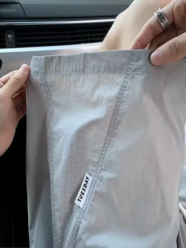 شورت رجالي سريع الجفاف من الحرير الجليدي، صيفي خفيف، كاجوال، رياضي للشاطئ، واسع، خمس نقاط، شبابي، ملابس خارجية، شورت متوسط الطول