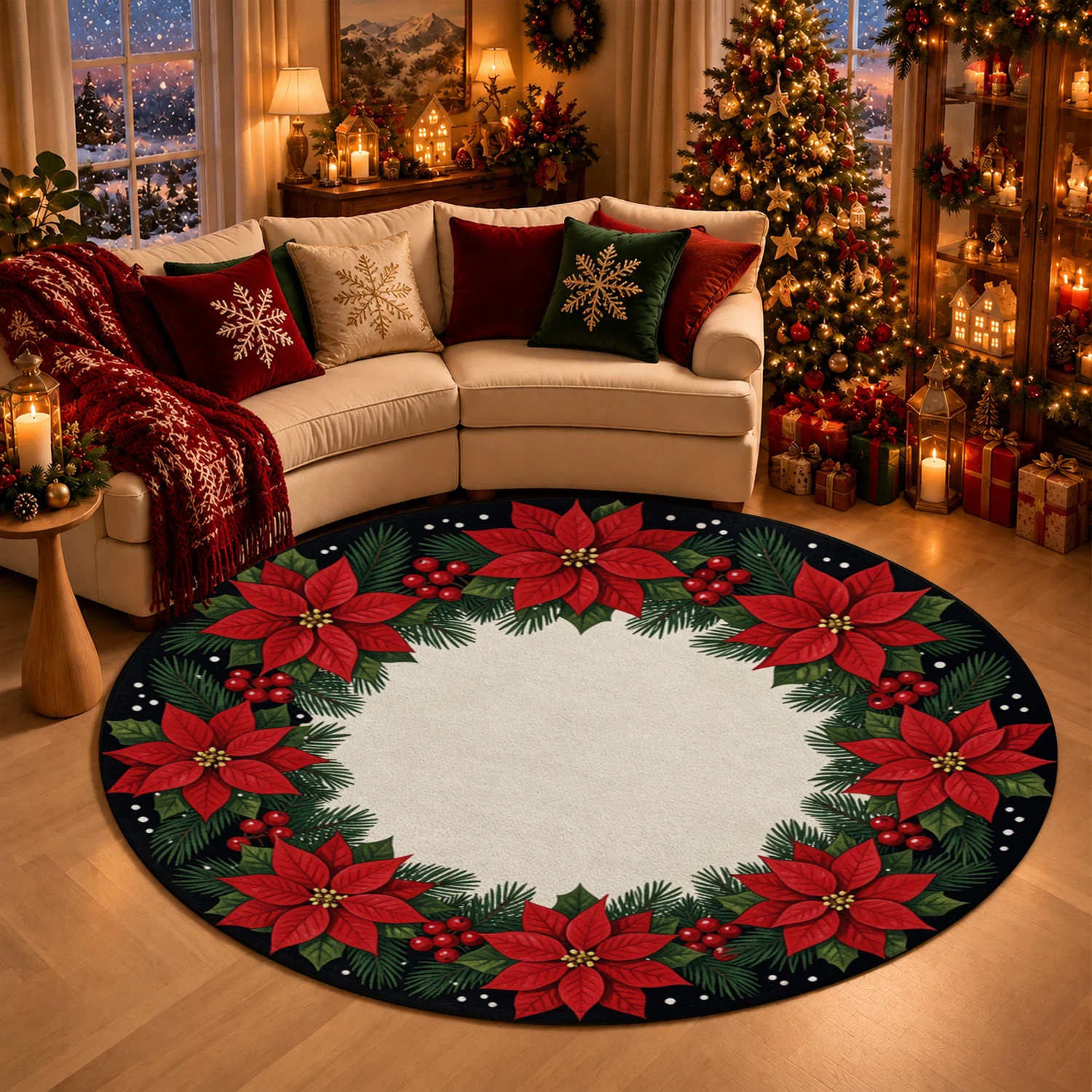 Poinsettia Pine Wreath Round Velvet Placemat Machine Washable Suitable for Dining Table Kitchen Counter Holiday Table Halloween Thanksgiving Christmas New Year Black Friday Cyber Monday