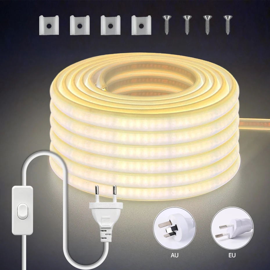 AC220V COB Strip Light 288LEDs/m Flexible Ribbon IP65 Waterproof Outdoor Lamp with ON OFF Switch EU/AU Power Plug for Room Decor