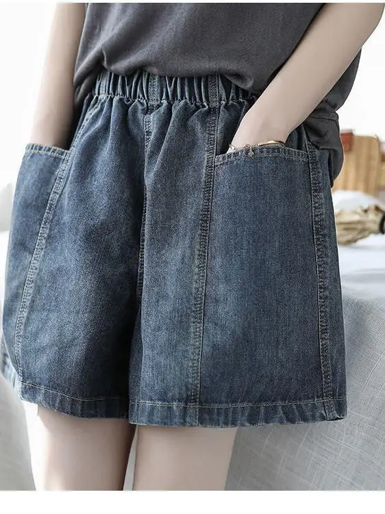 Summer Korean Style Loose Fit Short Jeans Women's High Waist Wide Leg Thin Fabric Breathable Comfortable Pocket Design Shorts