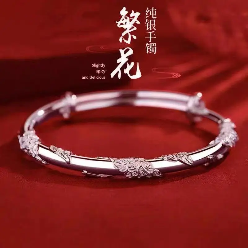 

Zhoujia Braided S999 Bracelet Women Push-Pull Solid Silver Bangle Girlfriend