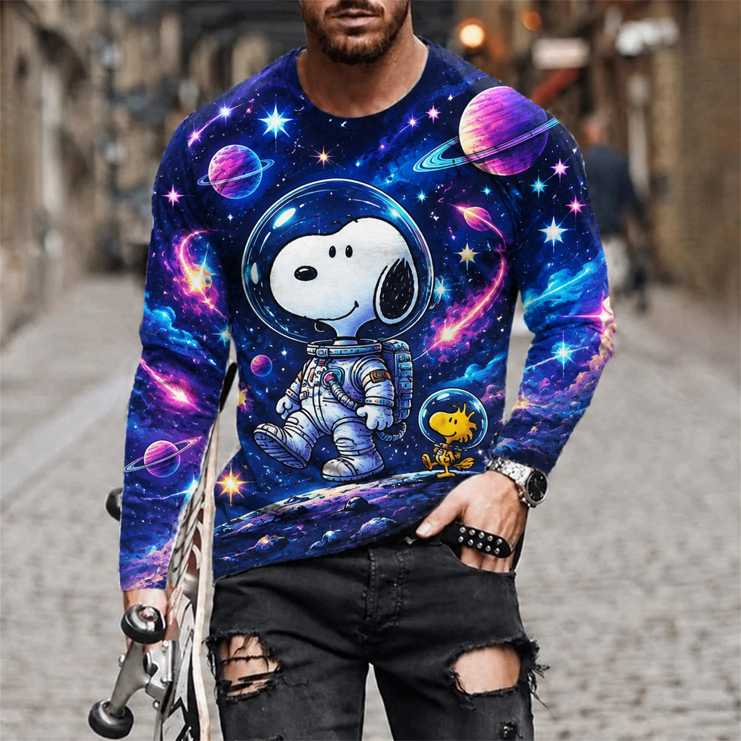 Herren Snoopy Woodstock Langarm-T-Shirt Peanuts Cartoon Grafik-T-Shirt Y2K Streetwear Casual Top – Detail 8