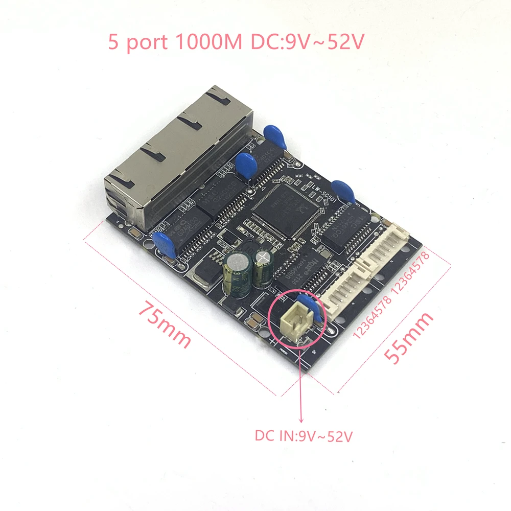 Módulo integrado dc 5v 12v16v 18v 24v36v48v 1a-3a do interruptor dos ethernet do gigabit do porto de 10/100/1000m 5 no interruptor industrial dos ethernet