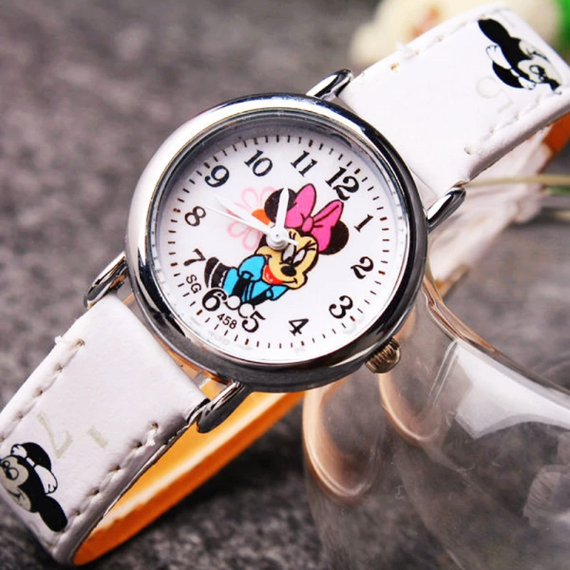 Disney Cartoon Watch Kids Mickey Mouse Watches Anime Figrues Children Boys Girls Pu Leather Quartz Wristwatch Clock Toys Gift