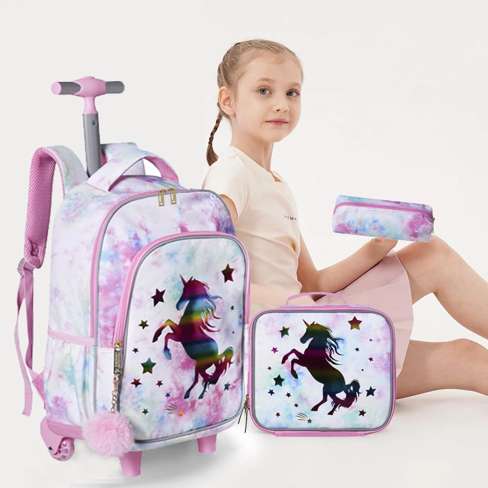 3PCS Rolling Backpack for Girls Kids  Wheeled School BookBag With Lunch And Pen Bag  Pink Unicorn Glow-in-the-dark Function