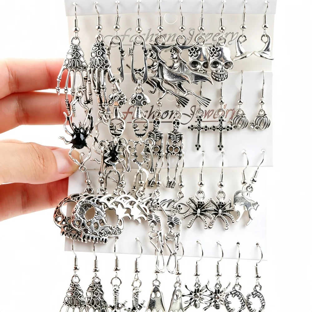 10/20Pairs Punk Gothic Dangle Earrings Set For Women Skeleton Skull Spider Dark Cosplay Mixed Halloween Jewelry Party Gifts