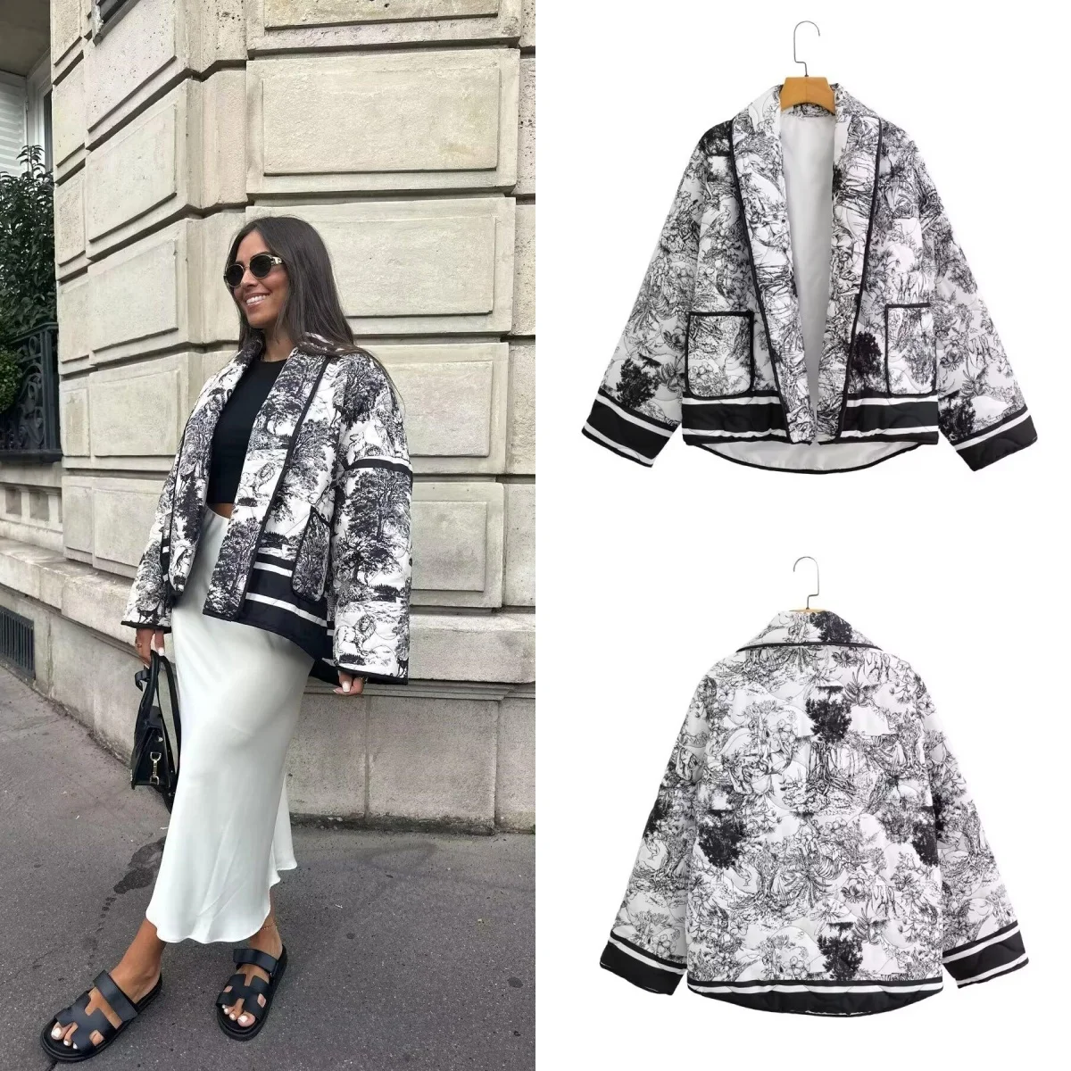 PB&ZA 2024 early autumn new women\'s fashion ethnic style retro loose thickened printed casual open-front cotton jacket