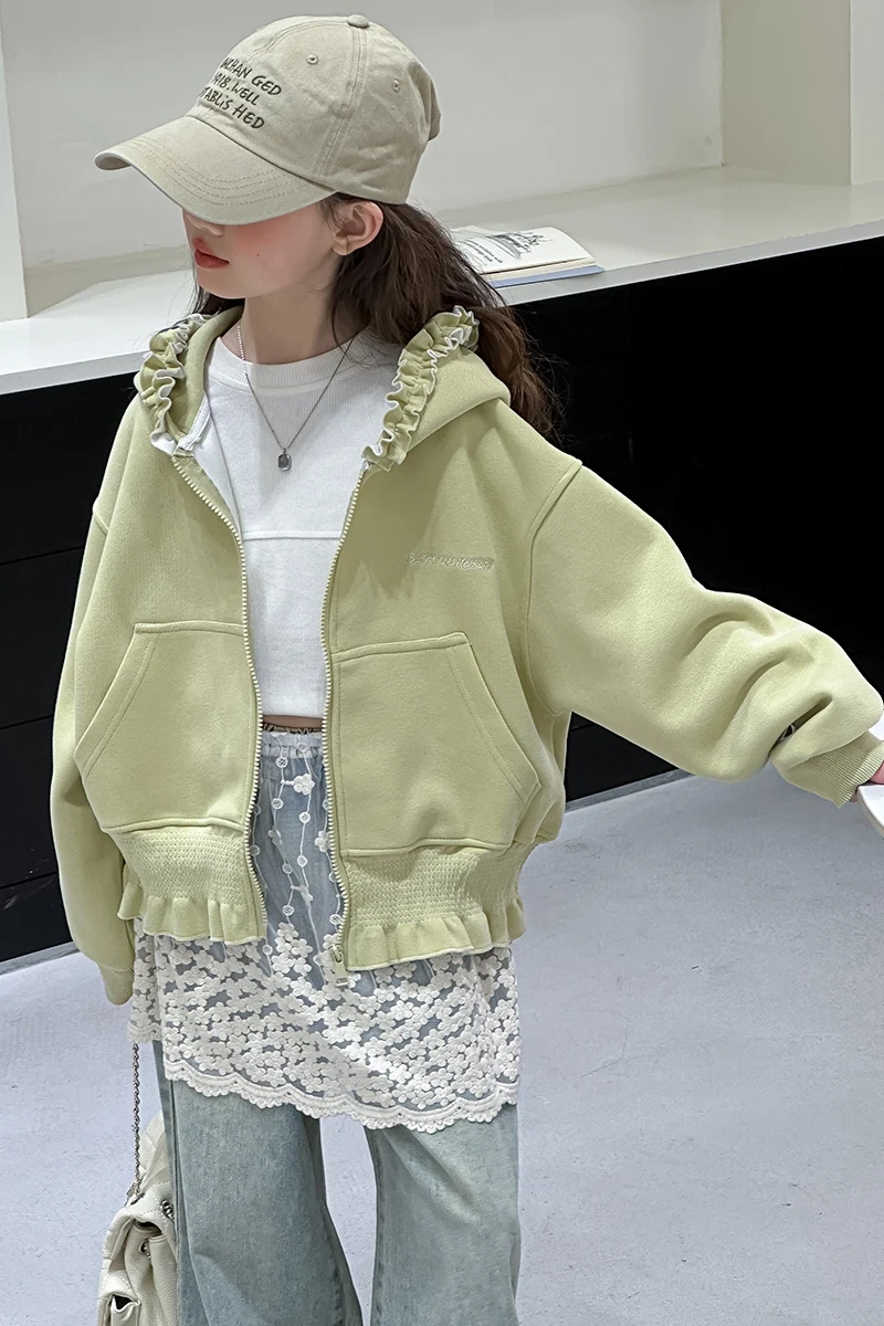 Mädchen Kapuzenpullover Frühling Herbst 2026 Neuer Stil Süßer Niedlicher Rüschenbesatz Reißverschluss-Mantel mit Taschen Kinderkleidung – Detail 3