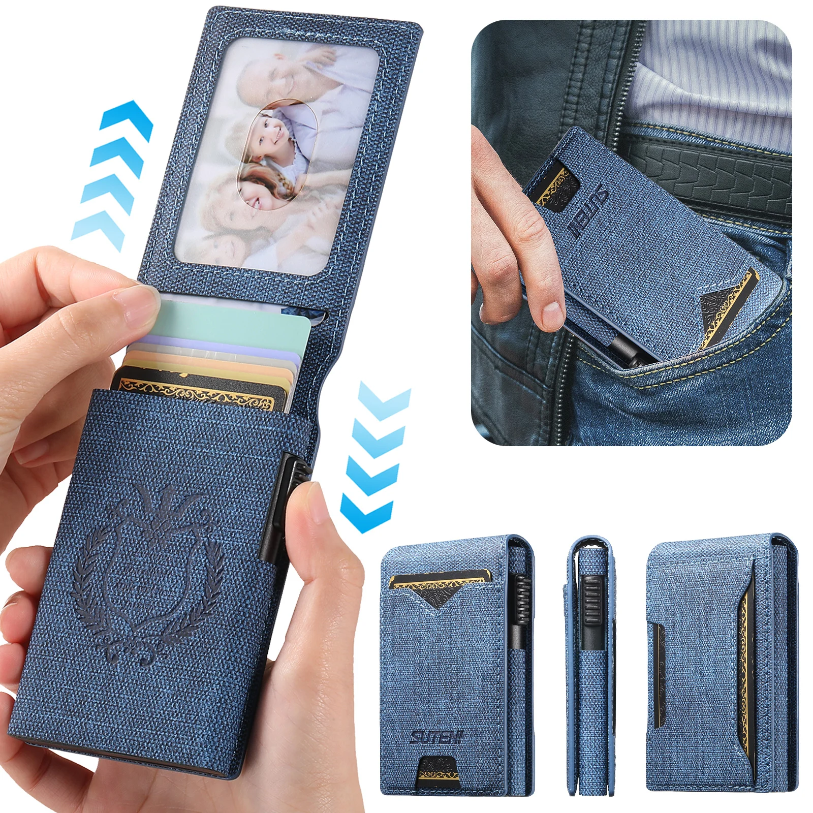 SUTENI Kunstleder für Herren, Geldbörse, Kartensteckplatz, Geldbörse, Flip-Cover, Kartenbox, drückt den Knopf automatisch die Karte aus – Detail 25