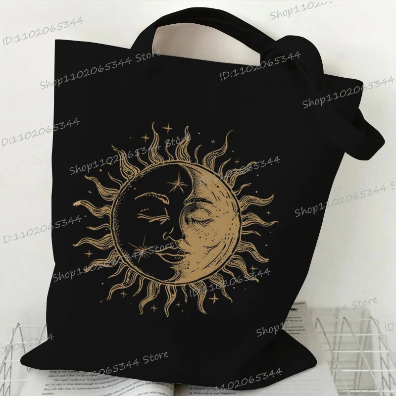 1pc Find Your Magic Cat and Moon Print Women's Handbag Vintage Sun Moon Series Canvas Shopping Bags Student Fashion Shoulder Bag