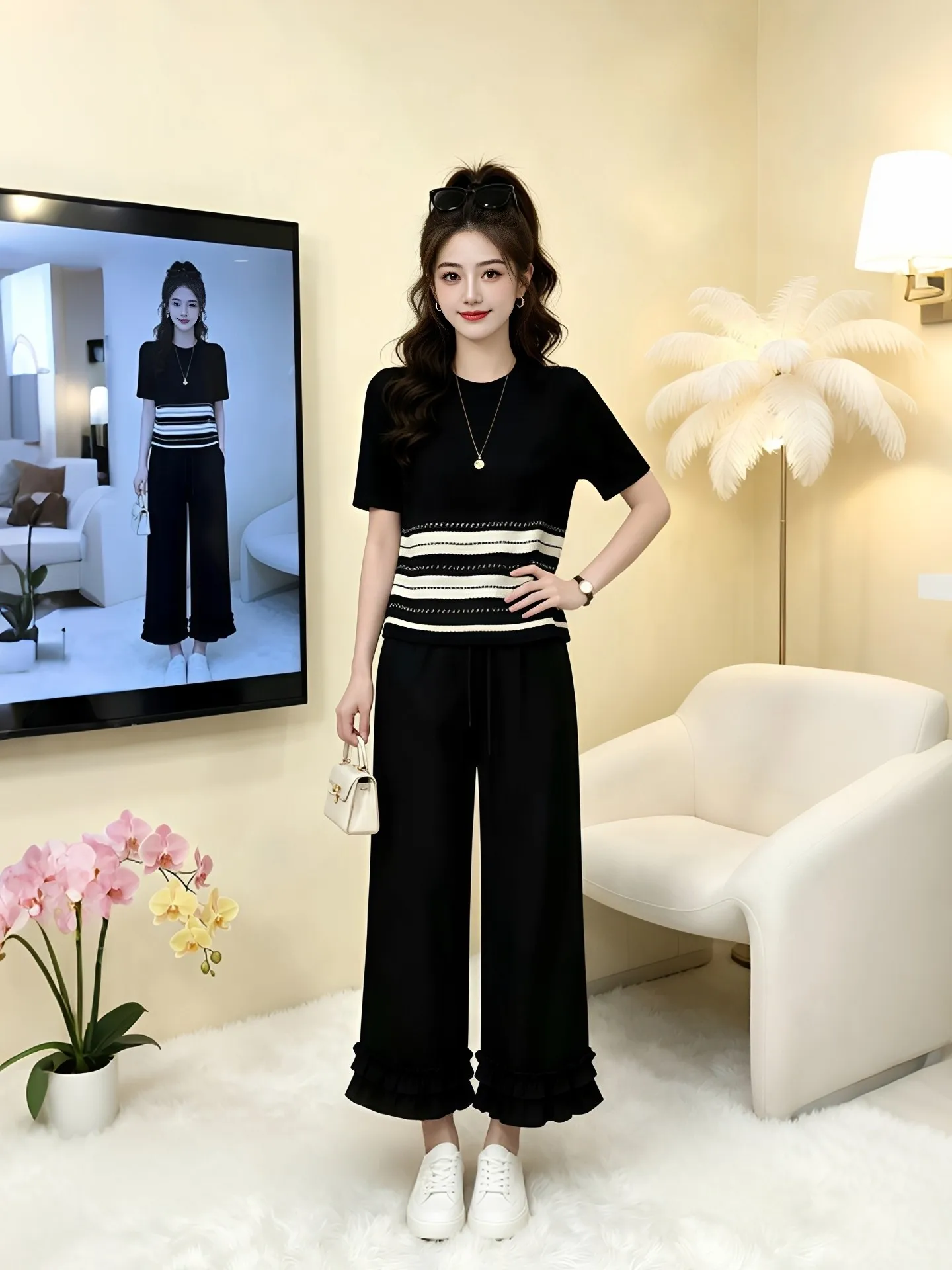 

Summer Fashionable Two-Piece Set Casual Comfortable Commute Style High Waist Striped Pants Breathable Short Sleeve T-Shirt