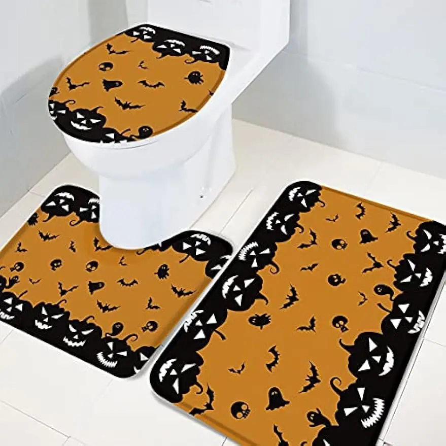 3 Piece Bathroom Rugs Set Ultra Soft Non Slip Bath Rug, Contour Mat, Lid Cover Happy Halloween Grimace Pumpkin with Bat