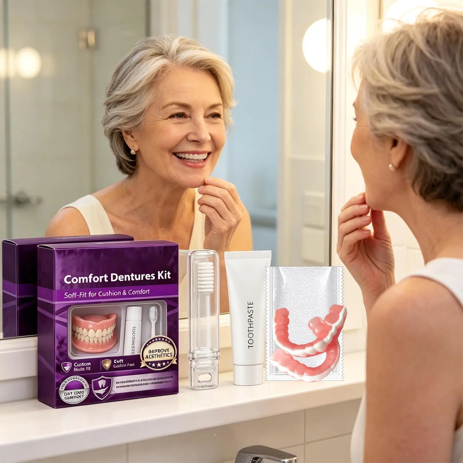Denture Kit Temporary Moldable Comfortable with Cleaning Tools DIY Comfort Dentures Full Set for Men Women Seniors Parents Home