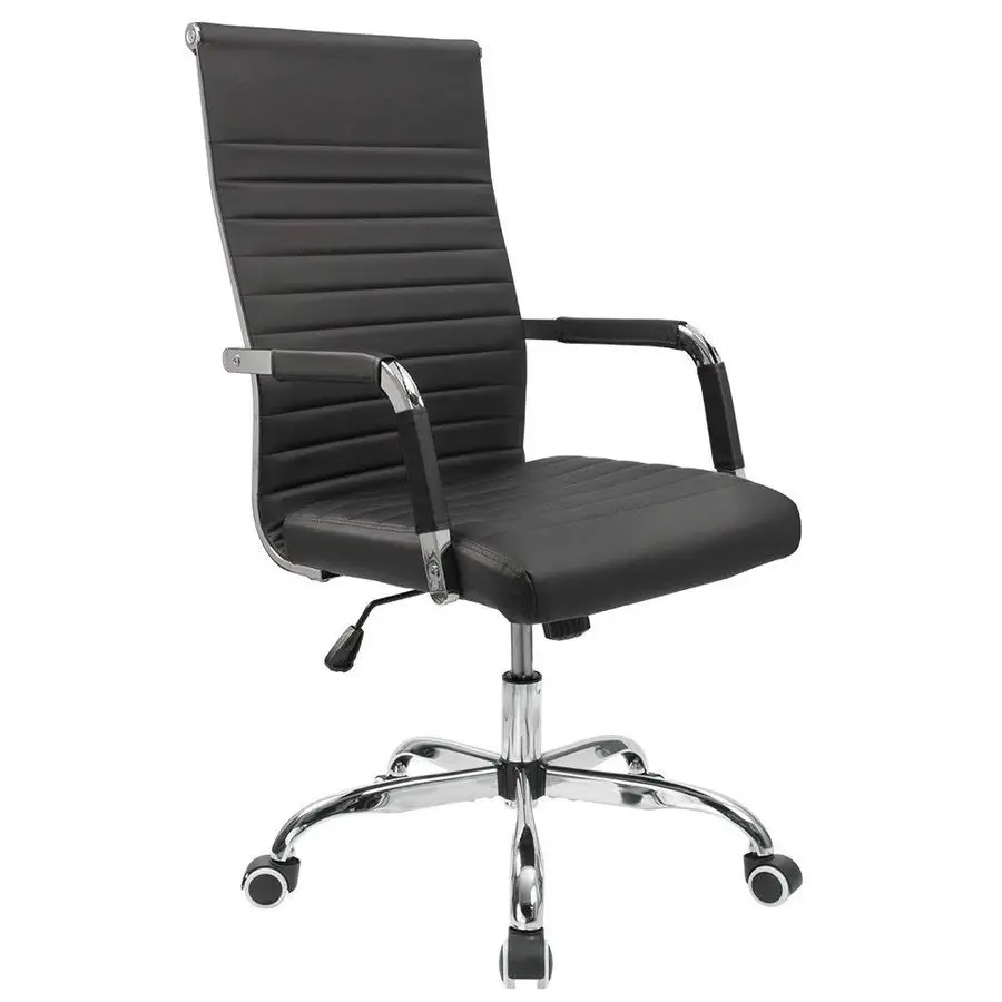 

Ribbed Office Desk Chair MidBack PU Leather Executive Conference Task Chair Adjustable Swivel Chair with Arms Black