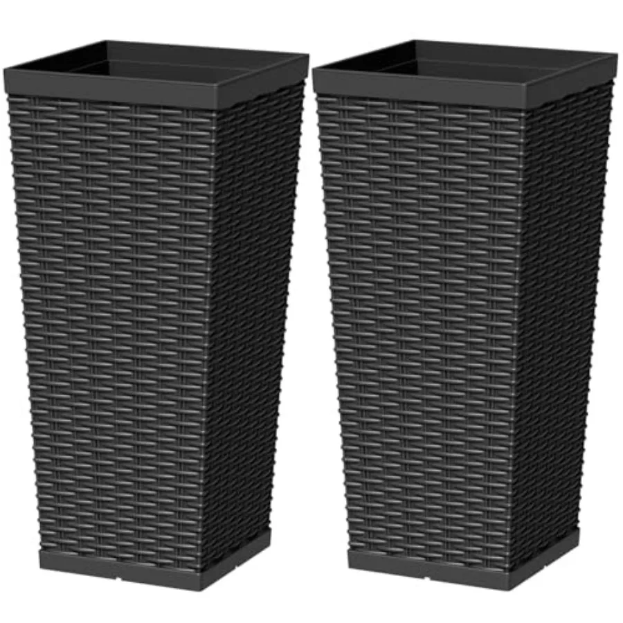 23 Inch Tall Plastic Planters Set of 2 for Outdoor Patio and Garden Use, Black, Lightweight Durable Material with Detachable In