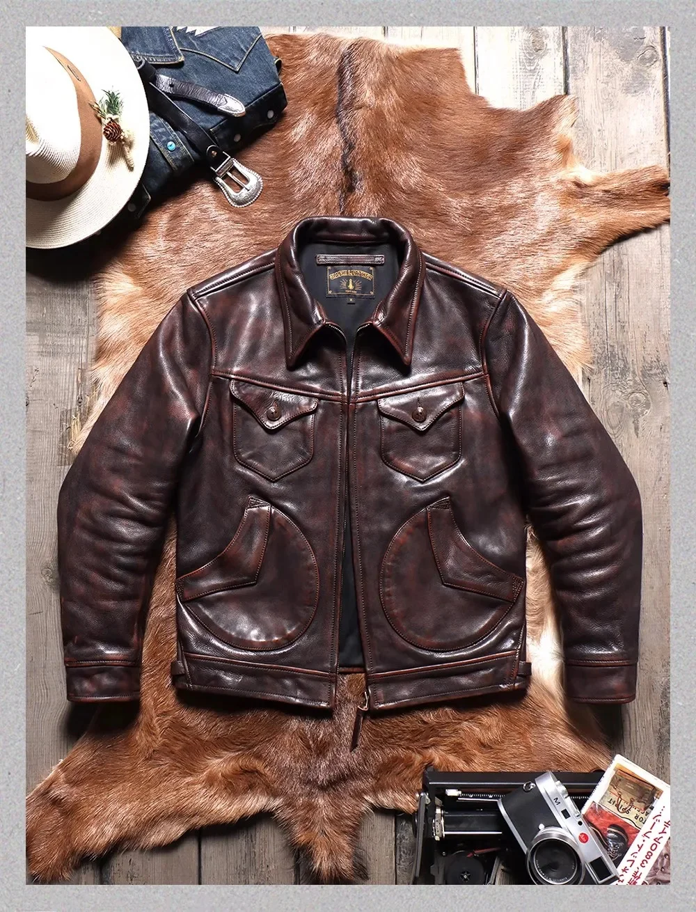 YR!Wholesales.1.6mm thick Natural tanned cowhide jacket.American retro farmer style leather coat.Vintage heavy cloth