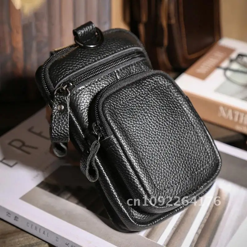 Riñonera de cuero Crazy Horse Vintage para hombre, bolsa de cuero genuino, cinturón de viaje para teléfono, riñonera con lazo para la cadera, bolsos pequeños para hombre