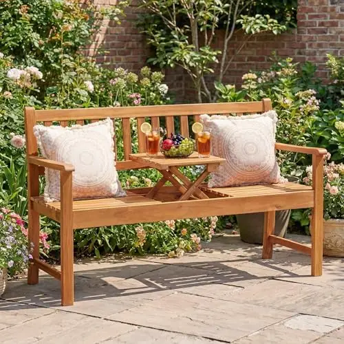 Outdoor Bench, 2-Person Garden Bench, Patio Wood Bench Outdoor Loveseat with Pull-Out Center Table for Backyard