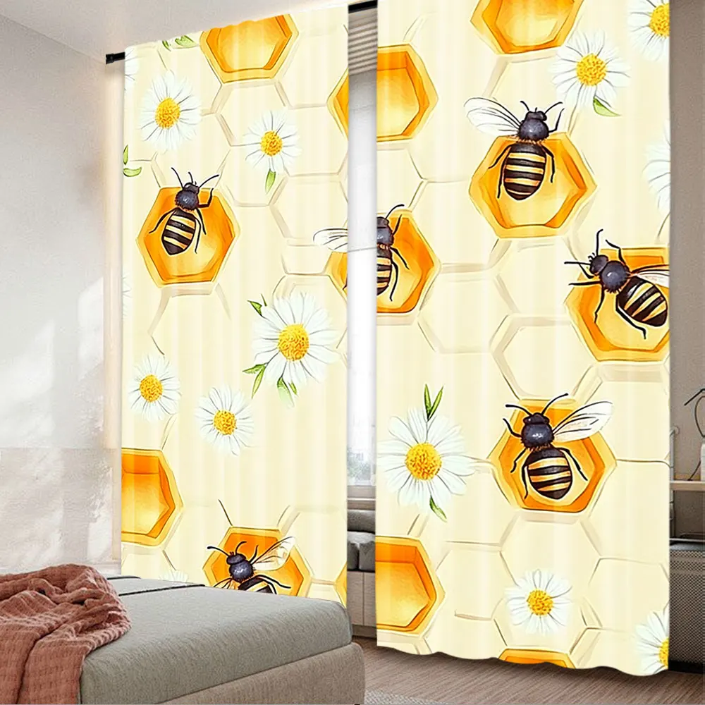 2Pcs Cartoon Bee Theme Curtain Sweet Honey Bee Honeycomb Harvest Season Window Drapes Stylish Home Decor A